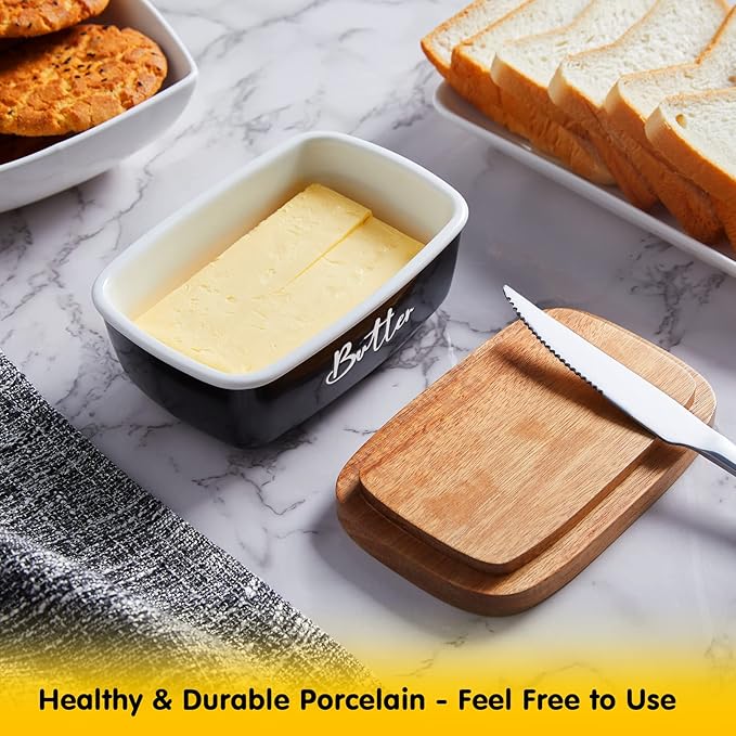 Black Butter Dish, ALELION Large Ceramic Butter Dish with Lid for Countertop, Butter Keeper Container with Acacia Wooden Lid, Kitchen Decor and Accessories for Counter