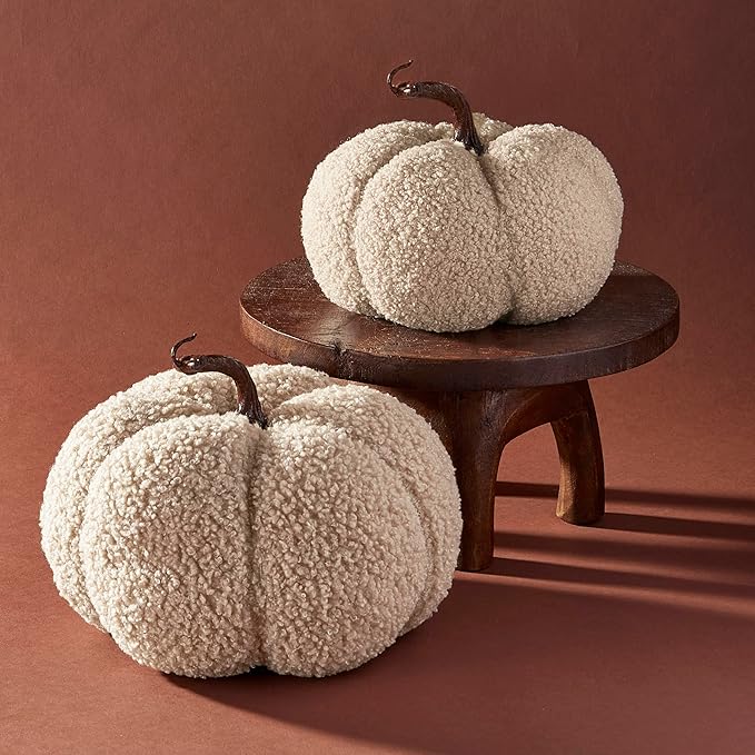 LampLust Plush Pumpkin Decor, Pack of 2, Sand Faux Pumpkins for Thanksgiving Table Centerpiece, Rustic Farmhouse Decor, Fall Halloween Decorations