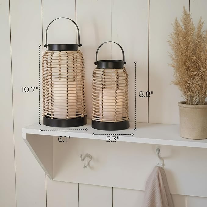 Natural Rattan Boho Lanterns - Handcrafted Chic Decor to Enhance Your Home - Modern Farmhouse Beauty Perfect for Any Living Room, Patio & Porch, Indoor and Outdoor Coffee Table or Kitchen Dining Table