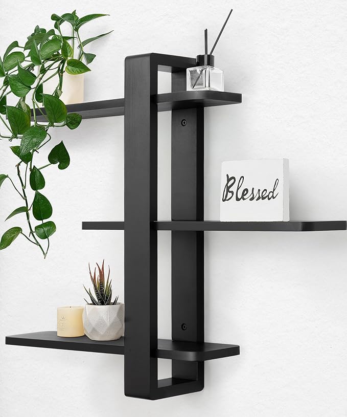 SUMGAR Black Floating Shelves for Wall Mounted Shelving Unit All Pine Wood 3 Tier Large Shelf for Bedroom Living Room Office Bathroom Home Decoration Storage Plant Photo Display Modern 20in