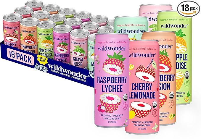 wildwonder Sparkling Probiotic Juice Drink 18pk, w/Gut Health & Immunity Support, 5g Prebiotic Fiber, Live Probiotics, Organic, Vegan, Low Sugar, Sampler Pack, 6 Flavors, Seen on Shark Tank