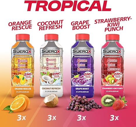 SueroX Sugar-Free Sports Drink for Hydration and Recovery, Electrolyte Hydration Drink with 8 Ions, Zero Calorie Sports Drinks with Electrolytes, Tropical Pack, 21.3 Fl Oz, 12 Count
