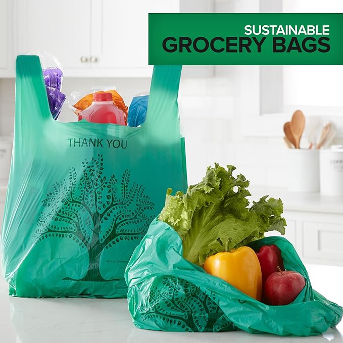200 Pack Thank You Bags Disposable Eco Grocery T-Shirt Bag with Handles for Supermarket, Groceries, Produce, Shopping, Trash, Small Commercially Compostable Baggies Bulk