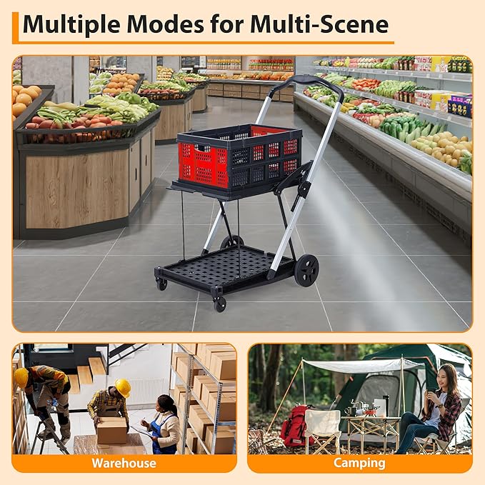 Garvee Foldable Shopping Cart for Groceries, 2-Tier Collapsible Utility Carts with Wheels & Removable Storage Crate, Aluminium & PP, Portable for Supermarket & Home Use, Red