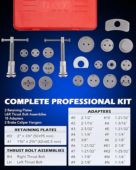 Orion Motor Tech 24pcs Brake Caliper Tool, Heavy Duty Brake Caliper Compression Tool Caliper Piston Tool for Brake Pad Replacement Reset, with Thrust Bolt Assemblies Retaining Plates 18 Disc Adapters