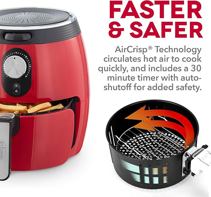 Dash Deluxe Electric Air Fryer + Oven Cooker with Temperature Control, Non-stick Fry Basket, Recipe Guide + Auto Shut off Feature, 1200-Watt, 3 Quart - Red