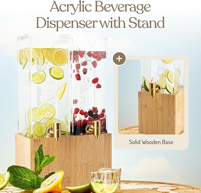 1.25 Gallon Dual Acrylic Beverage Dispenser with Bamboo Stand – Iced Drink Dispenser with Stainless Steel Spigot & Built-in Ice Core