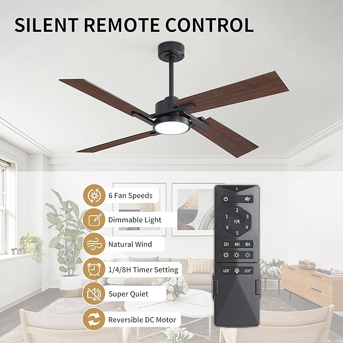 WINGBO 72 Inch Ceiling Fan with Light and Remote, 4 Plywood Blades, 6-Speed Reversible DC Motor, Dimmable, 3CCT, Farmhouse Ceiling Fan for Bedroom Living Room Kitchen, Black and Walnut/Shadowed Walnut