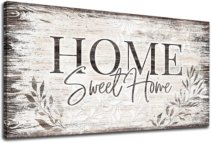 Home Sweet Home Wall Art Sign Large Dark Brown Farmhouse Wall Sign for Living Room Decoration Wooden Board Design Canvas Prints Modern Rustic Artwork Leaf Pictures Wall Decor 20" x 40"
