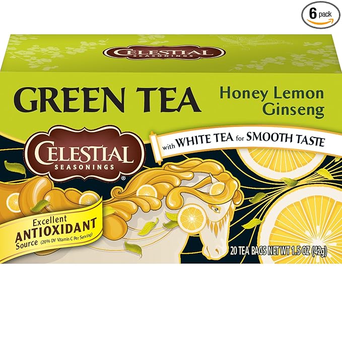 Celestial Seasonings Green Tea, Honey Lemon Ginseng, 20 Count (Pack of 6)