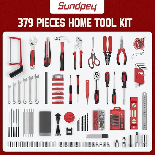 Sundpey Home Tool Kit with Drawer - 379-PCs Portable Complete Household and Auto Repair Tool Set - Hand General Basic Tool Box Storage Case - Full Basic Toolkit for Handyman & Diyer & Homeowner Red