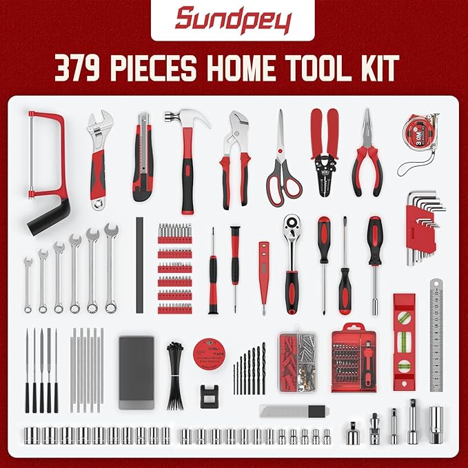 Sundpey Home Tool Kit with Drawer - 379-PCs Portable Complete Household and Auto Repair Tool Set - Hand General Basic Tool Box Storage Case - Full Basic Toolkit for Handyman & Diyer & Homeowner Red