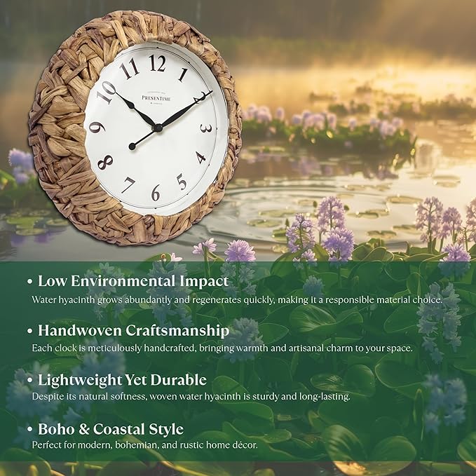 Presentime & Co. Farmhouse Series, Rustic Woven Clock, 14 inch, Natural Woven Water Hyacinth/Sea Grass. Wall Sculpture, Wall Art and Timepiece for Home Decoration/Decoration/Farmhouse Décor