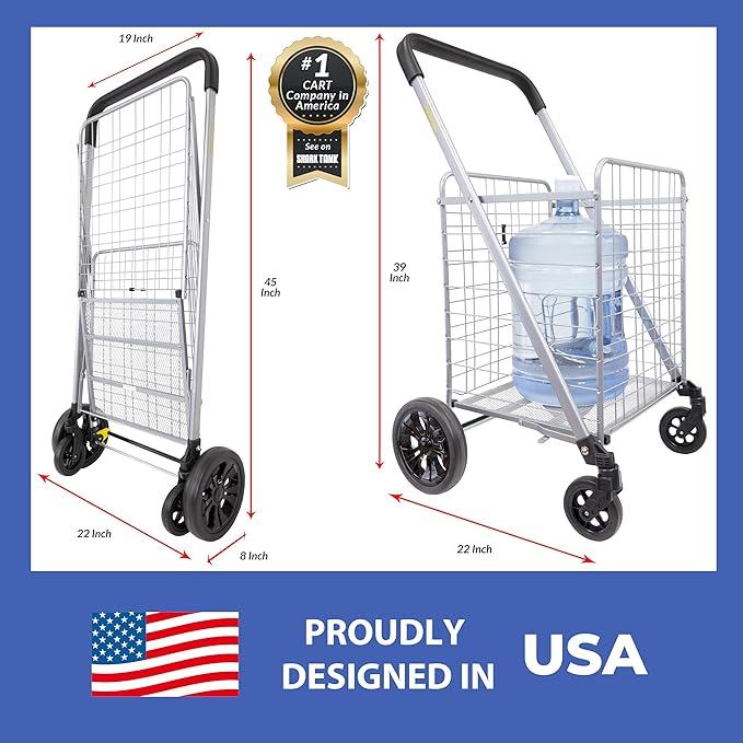 dbest products Cruiser Cart Deluxe 2 Shopping Grocery Rolling Folding Laundry Basket on Wheels Foldable Utility Trolley Compact Lightweight Collapsible, Silver