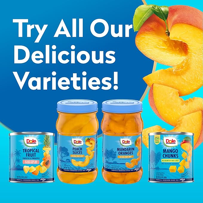 Dole Jarred Peaches Sliced Yellow Cling in 100% Fruit Juice, 23.5 Ounce Jar (Pack of 8)