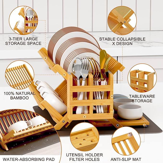Greenual Bamboo Dish Drying Rack with Utensil Holder, 3 Tier Collapsible Dish Rack, Wooden Dish Racks for Kitchen Counter, Large Folding Drying Holder with Absorbent Dish Drying Mat