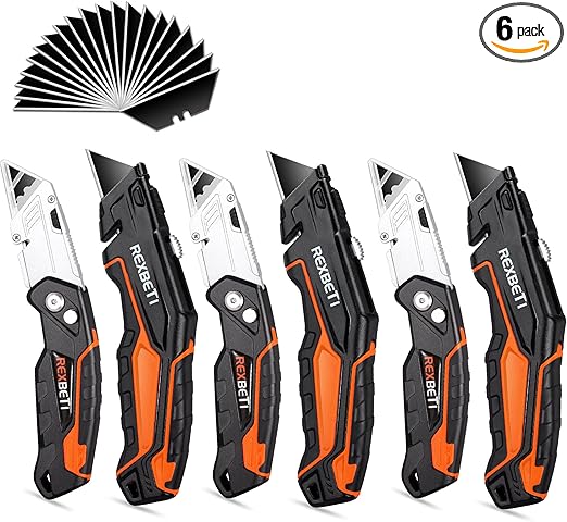 REXBETI 6 Pack Retractable Folding Utility Knife, SK5 Heavy Duty Box Cutter for Cartons, Cardboard and Boxes, Blade Storage Design, Extra 20 Blades Included