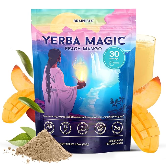 Yerba Magic – Yerba Mate Tea Instant Powder Super Drink with Nootropics, Prebiotics & Probiotics – Clean Energy, Mental Clarity & Gut Wellness | Low Sugar, Natural Caffeine – Peach Mango, 30 Servings