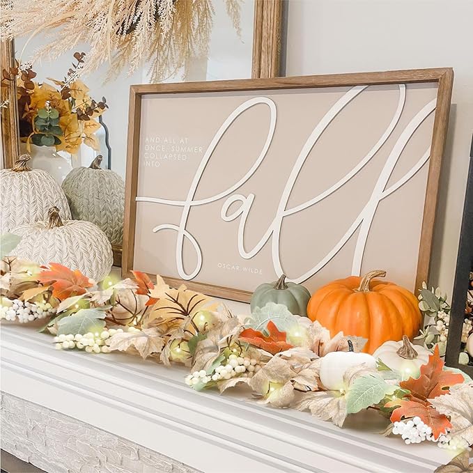 Neutral Fall Garland for Mantle Fireplace - 2 Pack 6Ft Outdoor Autumn Leaves Decor for Home Front Door with Pumpkins Indoor Maple for Farmhouse Table Stairs Porch Halloween Thanksgiving Decorations