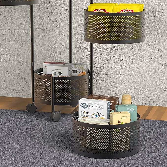 JAQ Rotating Fruit Basket, 5-Tier Metal Sturdy Kitchen Storage Rack Shelf Carts No Assembly on Rolling Wheels for Fruit Vegetable Grocery Corns Potato Onion (5-Tier, Black)