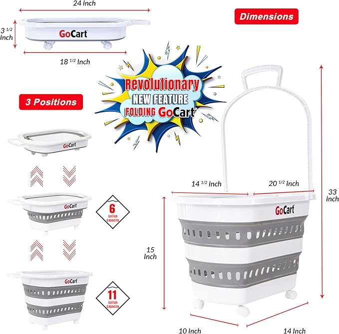dbest products Folding Gocart Laundry Basket with Wheels, Multi Use Collapsible Grocery Shopping Cart, White