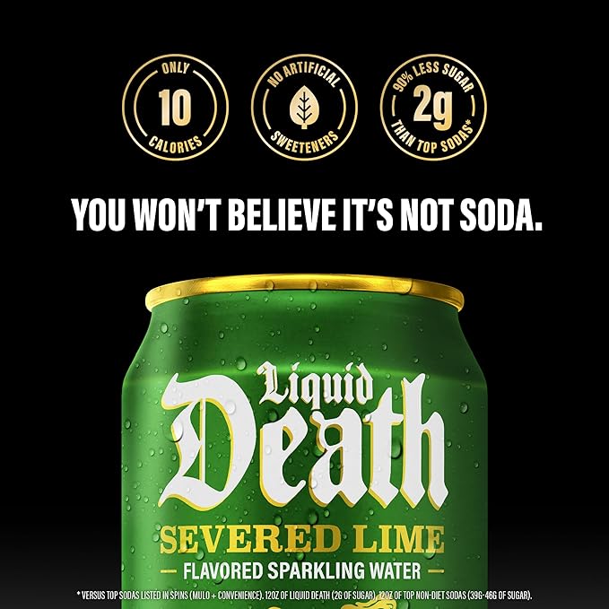 Liquid Death, Soda-Flavored Sparkling Water Variety Pack, 12-Pack (12oz Cans), Low Sugar, Huge Flavor & No Artificial Sweeteners, 4 Flavors: Severed Lime, Doctor Death, Killer Cola, and Rootbeer Wrath