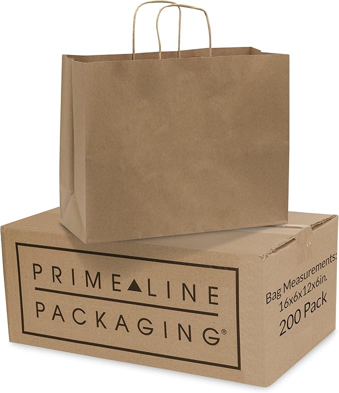 Prime Line Packaging Brown Paper Bags, Large Shopping Bags with Handles for Boutique Use, Small Business, Retail Stores, Grocery Sack, Bulk, 16x6x12, 200 Pack