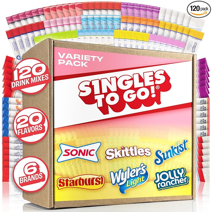Singles To Go! 120ct Bulk Variety Pack - 20 Different Flavors from Skittles, Sonic, Sunkist, Starburst and More - Sugar Free Drink Mix Packets - Sugar Free Water Flavoring Packets