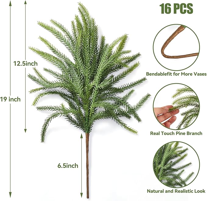 16 Pcs Norfolk Pine Stems, 19" Long Artificial Norfolk Pine Branches, Faux Greenery Stems, Real Touch Christmas Green Plants Branches for Vases, DIY Wreath, Xmas Home Decorations