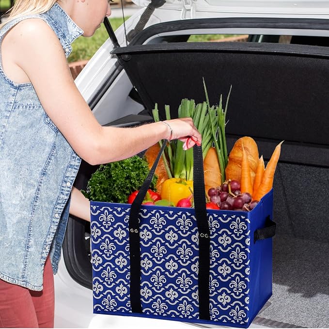 WUWEOT 4 Pack Reusable Grocery Bags, Large Shopping Box Tote, Foldable Washable Storage Bins with Reinforced Bottom Heavy Duty Handles for Fruit Vegetable Clothes Toys and Picnic