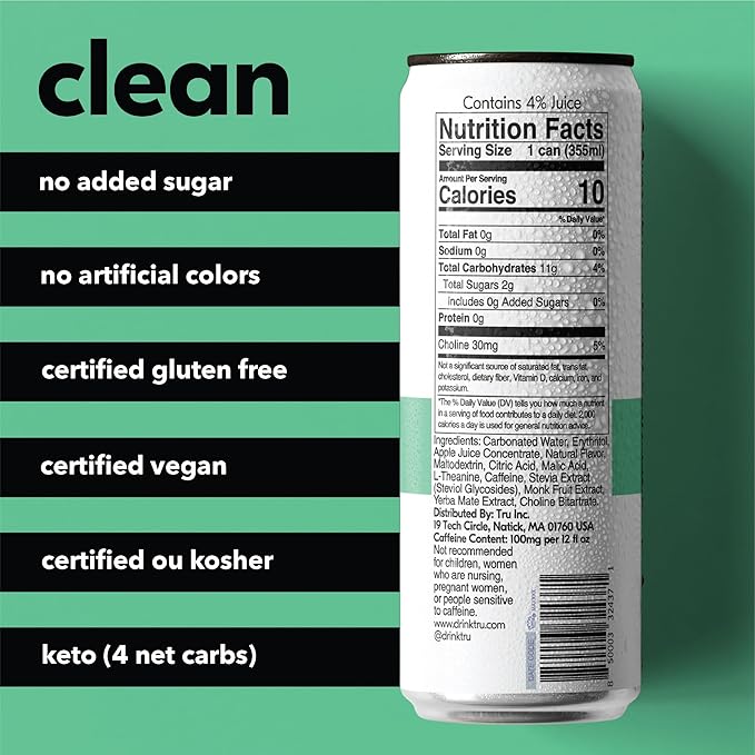 Tru Focus Seltzer, Apple Kiwi Flavored Sparkling Water Made with Real Fruit Juice - Nootropic Drink plus Yerba Mate Extract - Natural Caffeine, Kosher, GF, No Added Sugar Beverages, 12oz (Pack of 24)