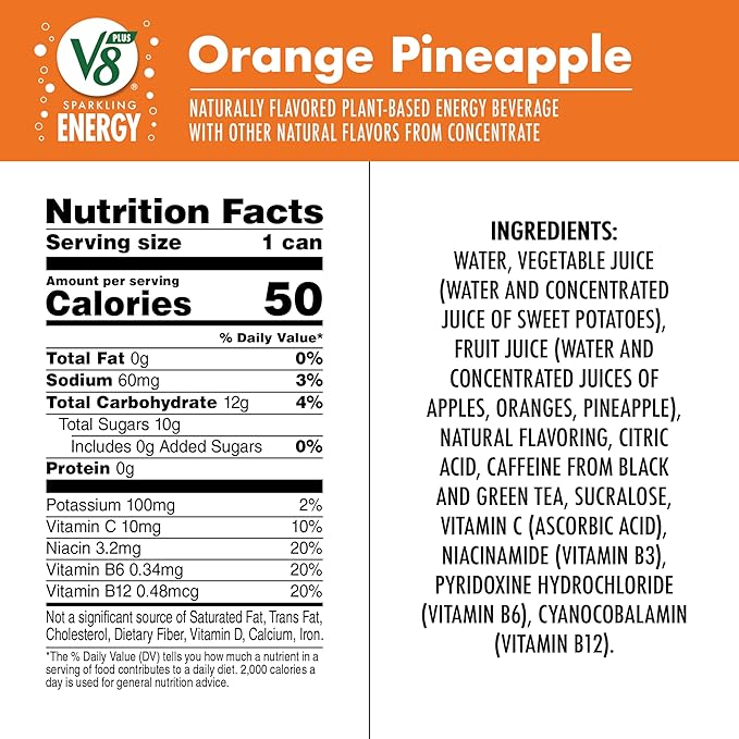 V8 +Energy Sparkling Orange Pineapple Juice Energy Drink, 11.5 fl oz Can (12 Pack)