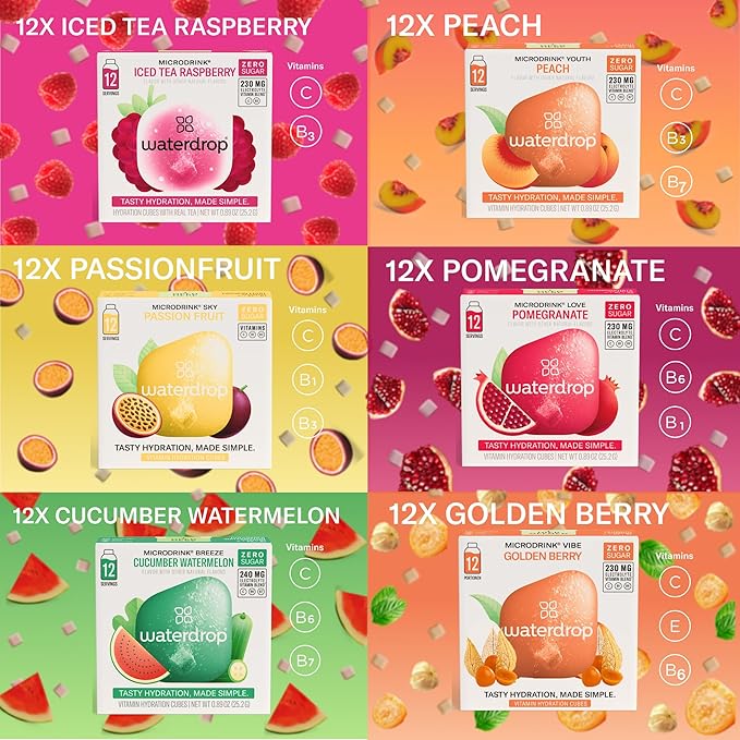 Waterdrop Hydration Cubes With Vitamin C, B Vitamins and Electrolytes, 6 Flavor Electrolyte Variety Pack, Flavored Water Enhancer Cubes for Still & Sparkling Water, Low Calorie, Sugar Free, 72 Count