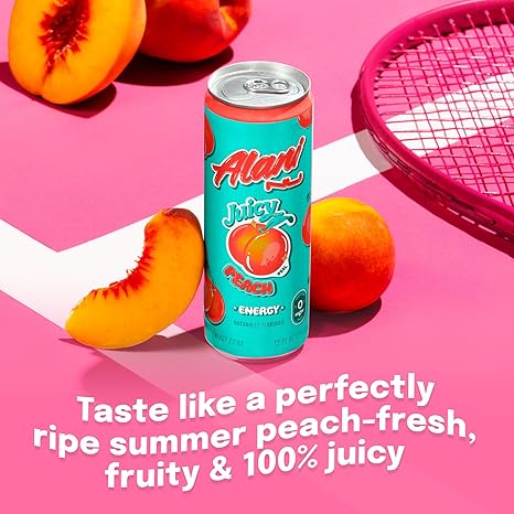 Alani Nu JUICY PEACH, Sugar Free, Low Calorie Energy Drinks, 200mg Caffeine, Biotin, B Vitamins, Zero Sugar, 10 Calories, 12 Fl Oz Cans, 12 Pack