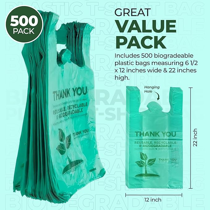 500 Biodegradable Compostable Thank You Plastic Bags - Grocery Shopping Bags with Handles [12" X 6.5" X 22"] Eco Friendly Green Plastic T Shirt Bags for Small Business Restaurant Supplies Retail Store