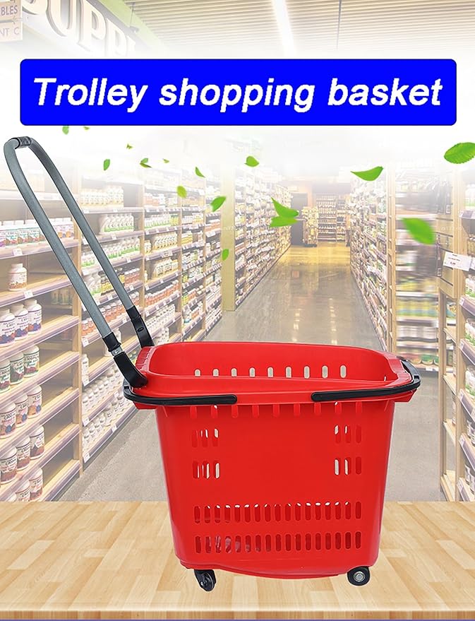 Foldable Grocery Cart with Wheels, Heavy-Duty Rolling Shopping Basket for Easy Supermarket Trips & Home Use 6Pcs(Red)