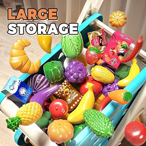 102pcs Kids Shopping Cart Trolley Play Set with Pretend Food and Accessories,Perfect for Ages 3+ Pretend Play and Role-Playing Games