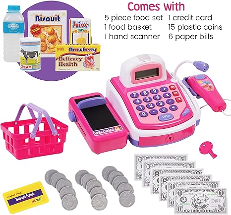 Prextex Cash Register Toy for Kids Pretend Play Set - Grocery Store Electronic Toy - STEM Cash Register for Kids with Microphone, Play Money, and Shopping Cart - Kids Checkout Toys with Scanner- Pink