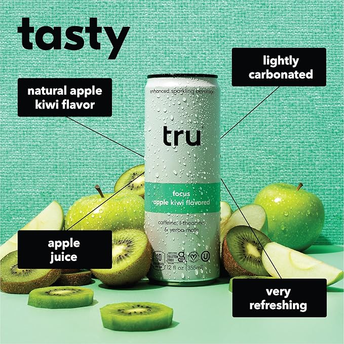 Tru Focus Seltzer, Apple Kiwi Flavored Sparkling Water Made with Real Fruit Juice - Nootropic Drink plus Yerba Mate Extract - Natural Caffeine, Kosher, GF, No Added Sugar Beverages, 12oz (Pack of 24)