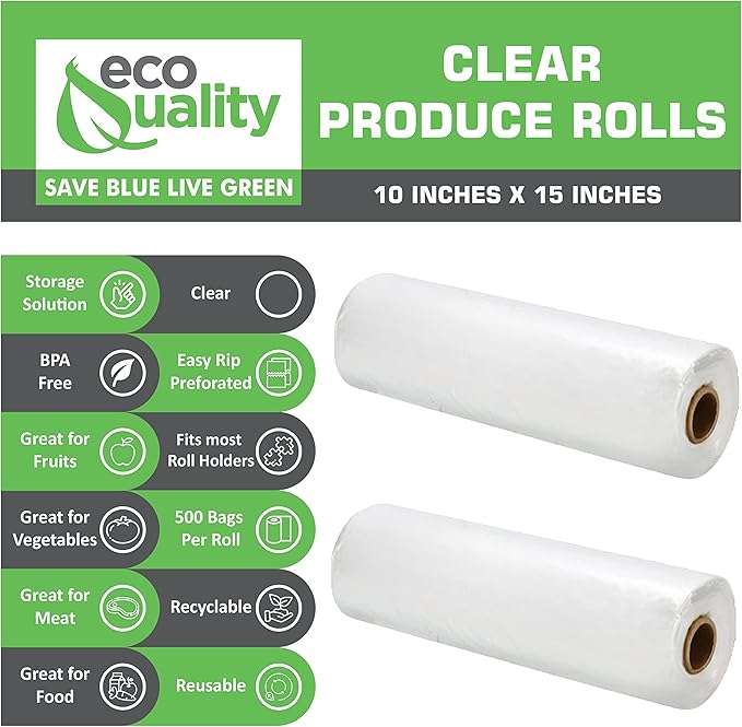 EcoQuality 10x15 Plastic Produce Bags on a Roll - 500 Bags/Roll, Clear Plastic Bags for Vegetables, Fruits, Bread, Pet Waste, Grocery Bags (16)