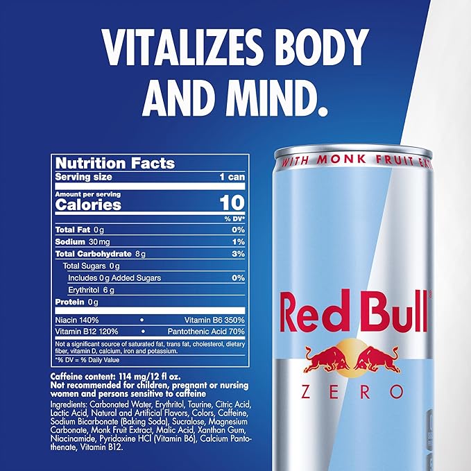 Red Bull Zero Energy Drink with 114mg Caffeine plus Taurine & B Vitamins, Zero Sugar, 12 Fl Oz, Pack of 24 Cans