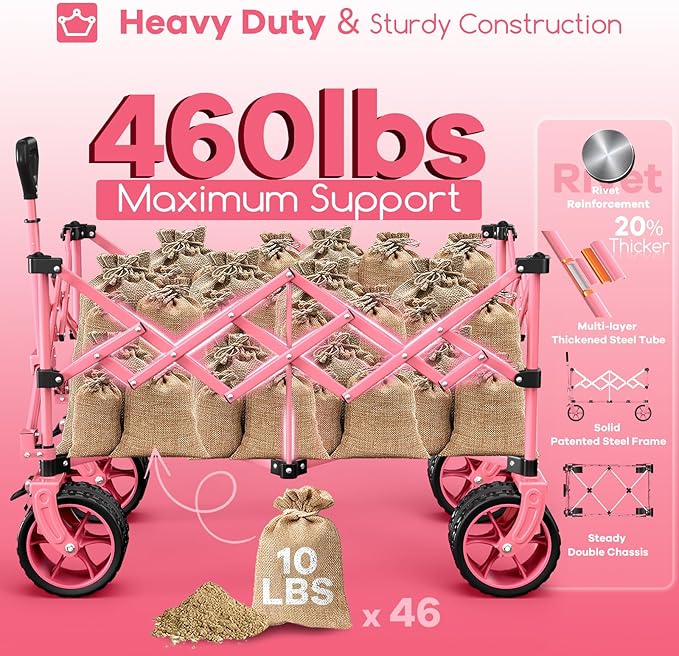 220L Collapsible Wagon Cart Foldable, 460LB Load Capacity Heavy Duty Folding Beach Wagons with Big All-Terrain Wheels, Utility Carts for Groceries, Camping, Sports - Pink
