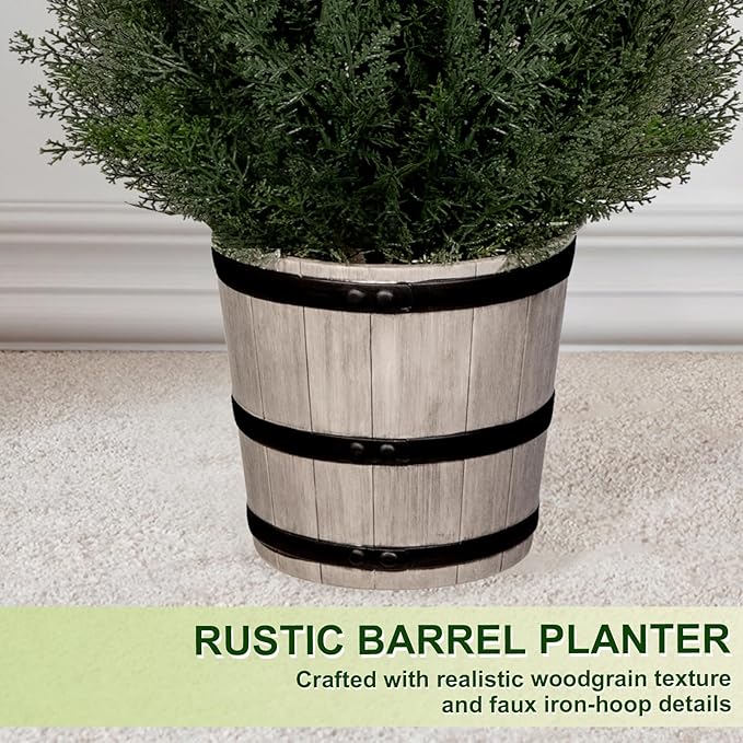 2Pack 3ft Outdoor Artificial Cedar Topiary Trees - Faux Pine in Distressed Oak-Look Planters, for Symmetrical Porch & Entryway Decor