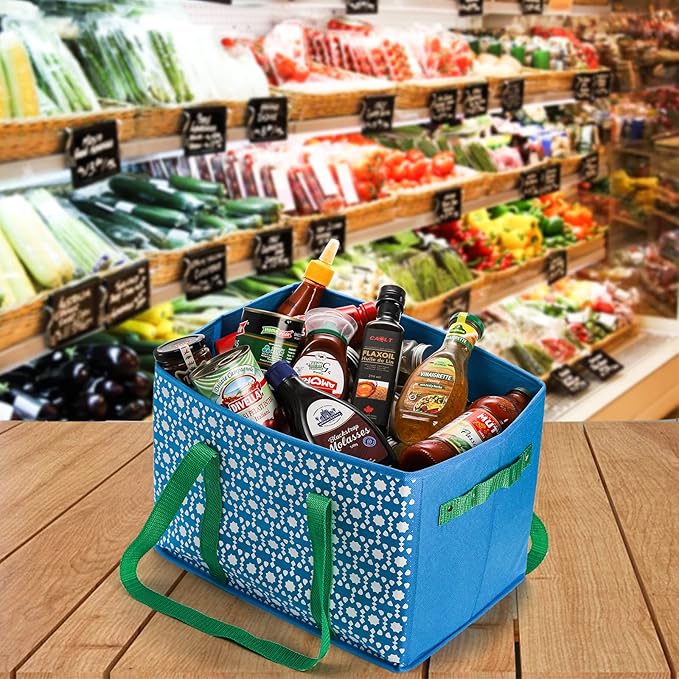 WUWEOT 4 Pack Reusable Grocery Bags, Large Shopping Box Tote, Foldable Washable Storage Bins with Reinforced Bottom Heavy Duty Handles for Fruit Vegetable Clothes Toys and Picnic
