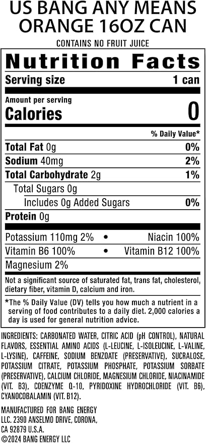Bang Energy Any Means Orange, Zero Sugar Energy Drink, 16-Ounce (Pack of 12)