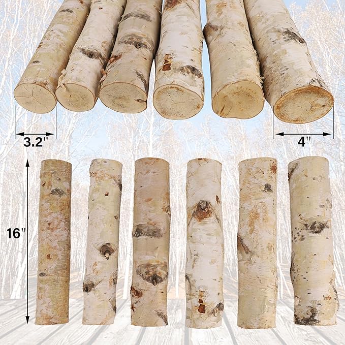 6 Pack Birch Logs for Fake Fireplace Decorative White Birch Branches Logs Unfinished Natural Wood DIY Crafts for Indoor Home Decoration Electric Fireplace Decor (3.2"-4" Dia.)