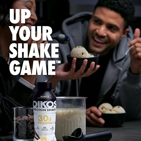 Oikos Protein Shake, Chocolate, 30g High Protein Drinks, Shelf Stable, Ready to Drink, 5g Prebiotic Fiber, 12 fl oz Bottle, 12 Count