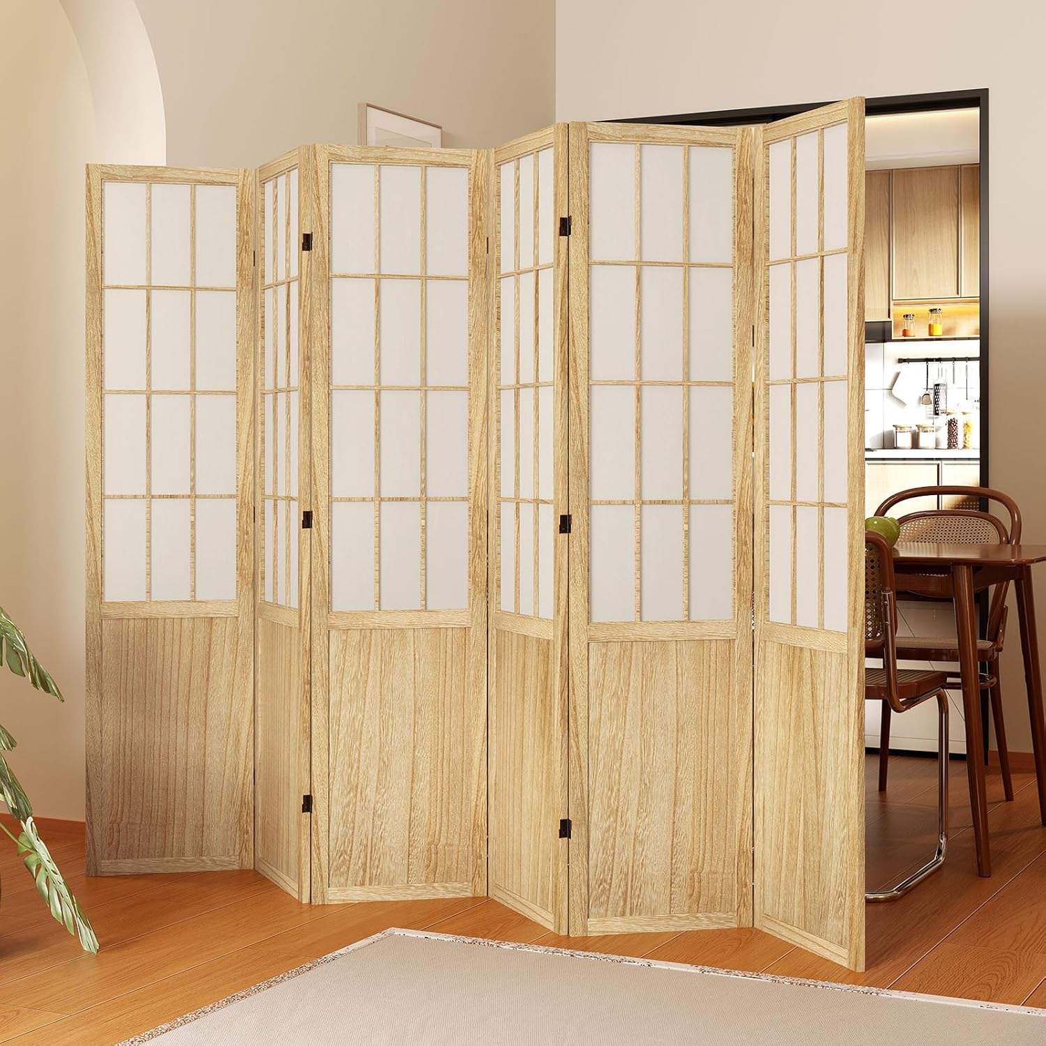 Room Divider, 66.9Inch Tall Japanese Shoji Style Folding Wood Screen with Double Hinges for Home Office Bedroom Hotel Decoration (6Panels, Natural)