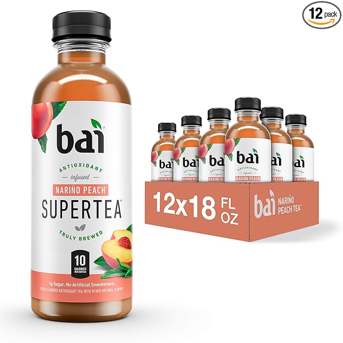 Bai Iced Tea, Narino Peach, Antioxidant Infused Supertea, Crafted with Real Tea (Black Tea, White Tea), 18 Fluid Ounce Bottles, 12 count