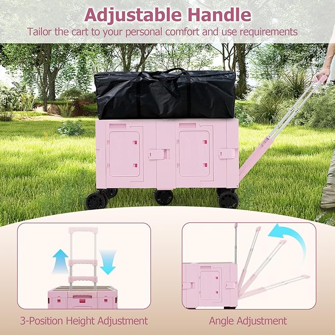Goplus Large Foldable Utility Cart w/ 2-Tier Storage Crates, 5 Rotate Wheels, Metal Telescoping Handle, Portable Rolling Trolley Collapsible Cart for Grocery Shopping Camping & Travel (Pink)